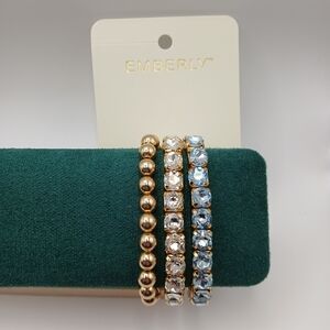 Emberly Gold Tone Stretch Bracelet Stack Blue Clear Crystal Beaded Set